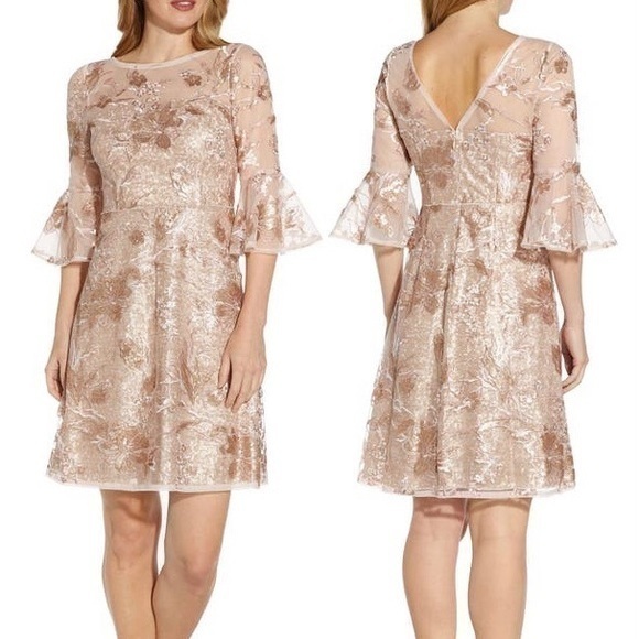 Adrianna Papell Dresses & Skirts - adrianna papell embroidered bell sleeve sequin cocktail dress in joyful blush